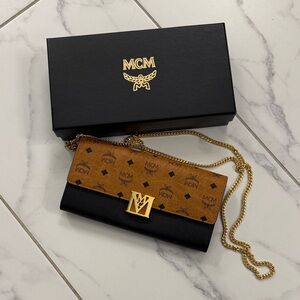MCM Two-Tone Monogram Flap Wallet on a Chain Crossbody